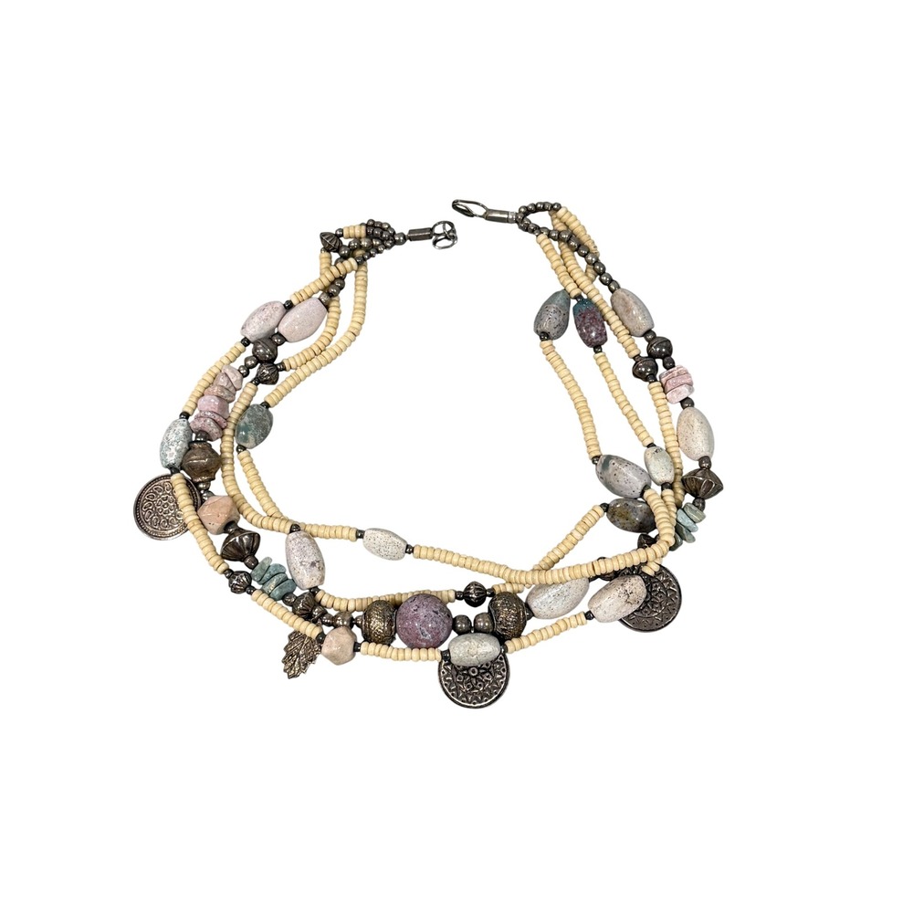 Lee Bernard Inc Vintage Multi Strand Stone Bead Coin Charm Necklace Silver Tone